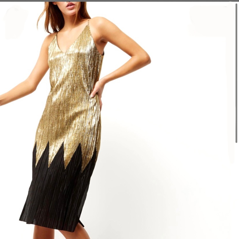 Black and gold pleated midi dress